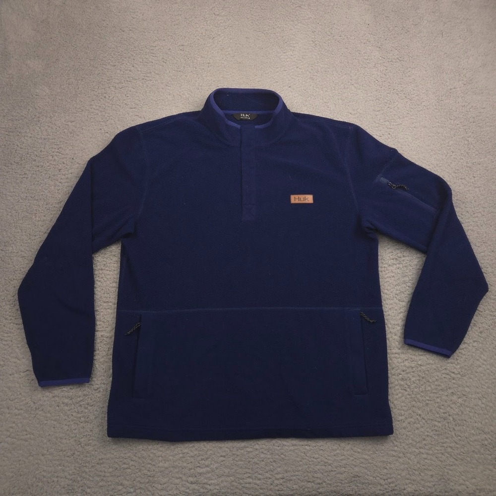 Huk Men's Fleece Pullover Quarter Snap Blue Midweight Fishing Outdoor‎ Sweater M
